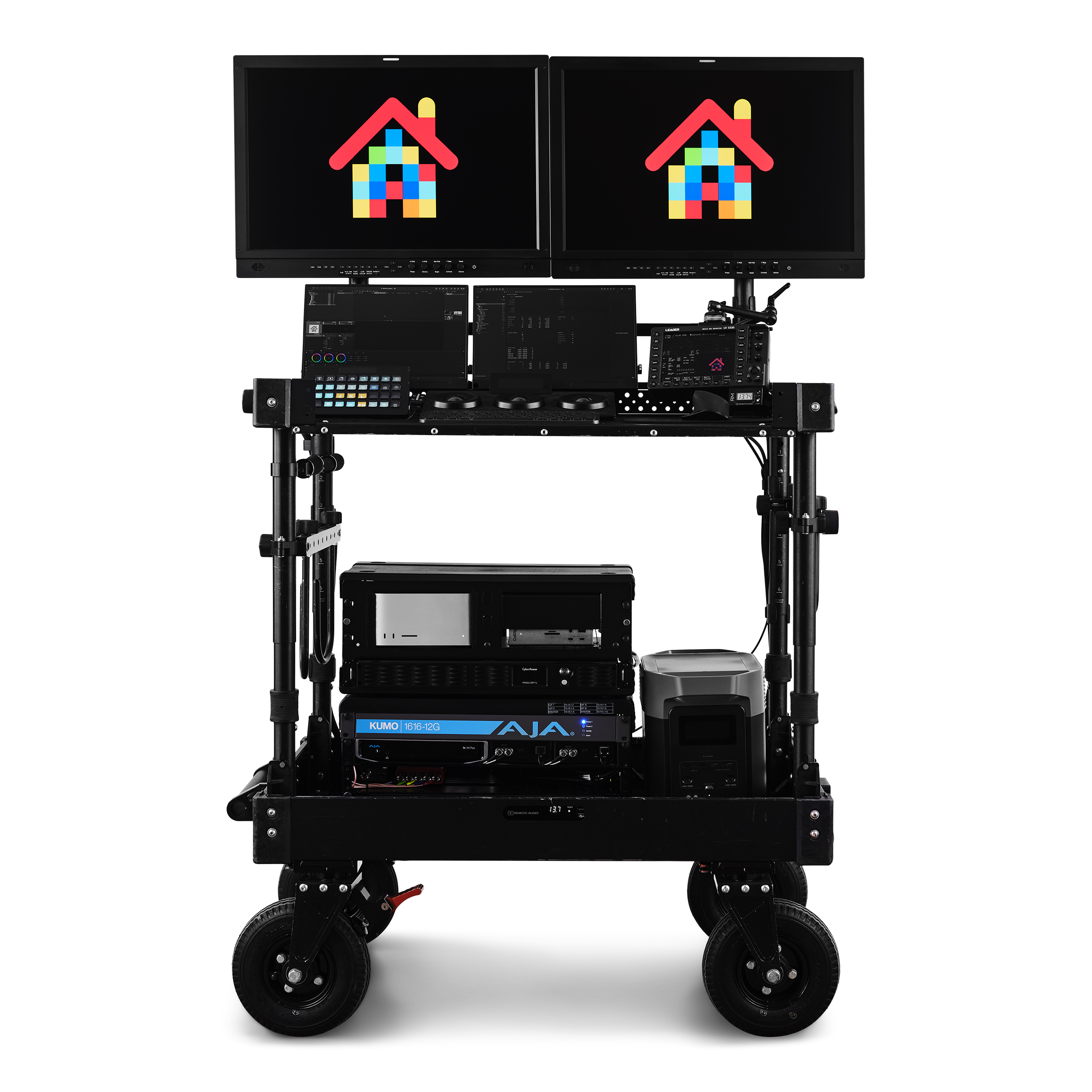An image of a top-of-the-line DIT (Digital Imaging Technician) cart, meticulously organized with well-maintained professional equipment, including high-resolution monitors, color grading panels, and neatly arranged cables, showcasing our commitment to excellence and readiness for on-set production